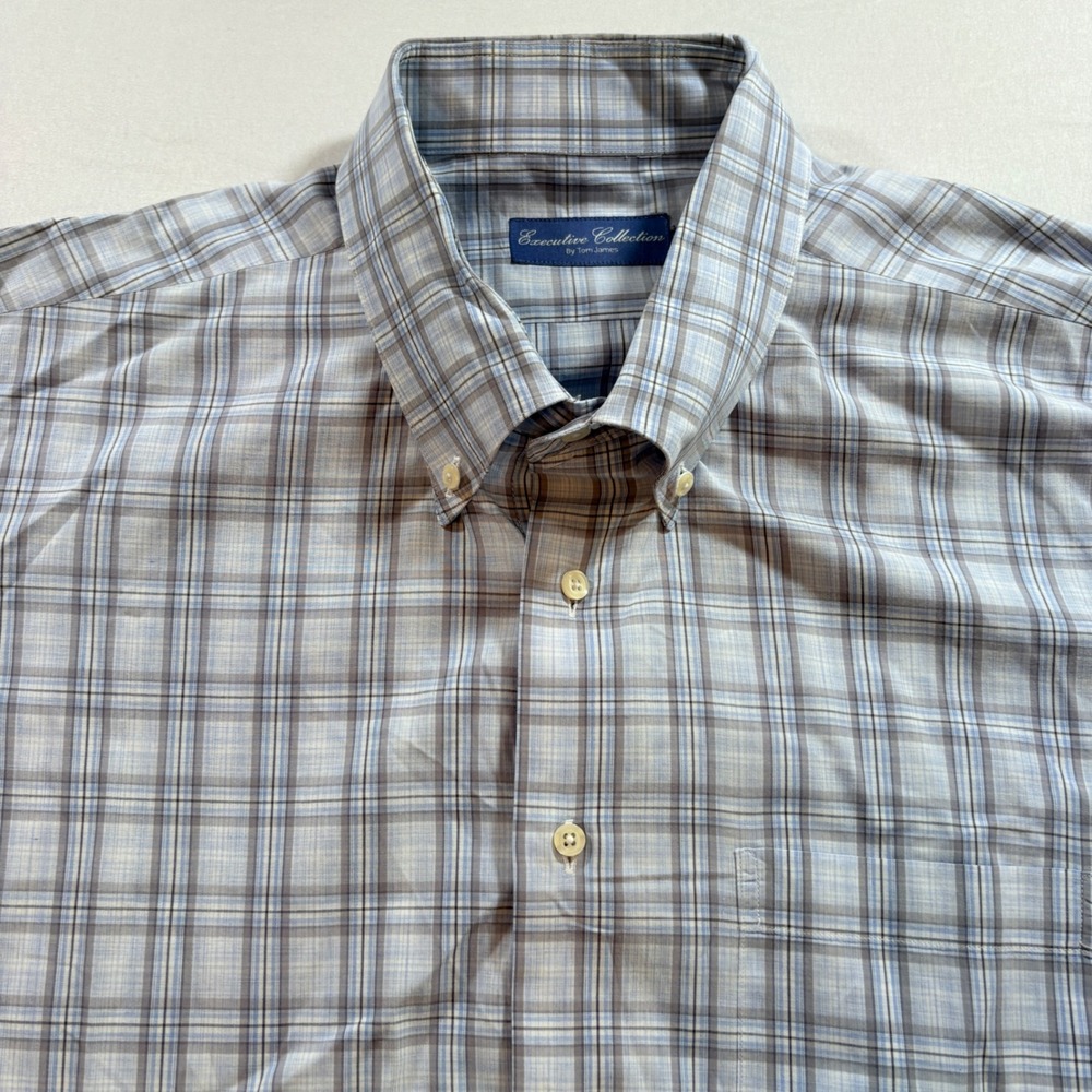 Tom James Executive Collection Plaid Shirt Mens Large Blue Tan Button Down L/S